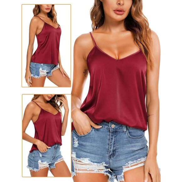 Vidussa Womens Black Navy Red V Neck Silk Satin Cami Sleeveless Blouses Pack - Picture 4 of 6